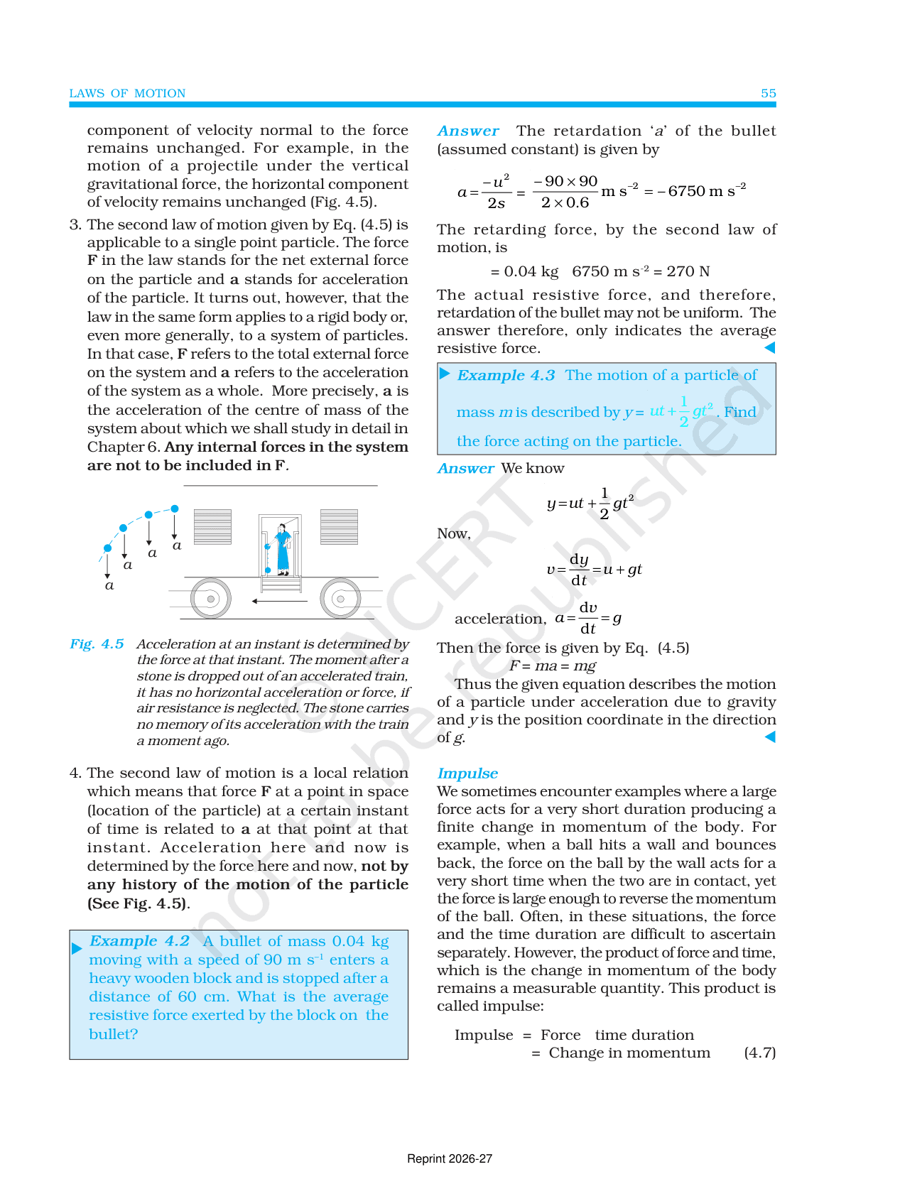 A standard Class 11 Physics textbook page explaining impulse and a worked example.