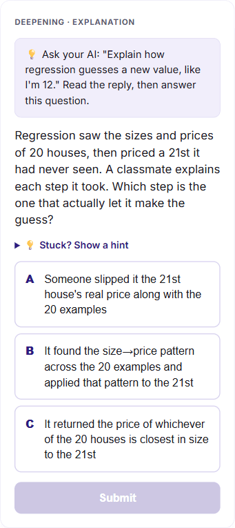 An ask-your-AI nudge shown inside a live question card.