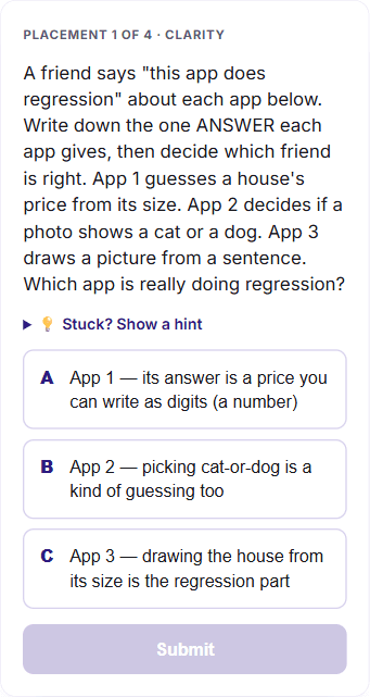 A placement question on the live lesson, with one question and three answers on the phone screen.