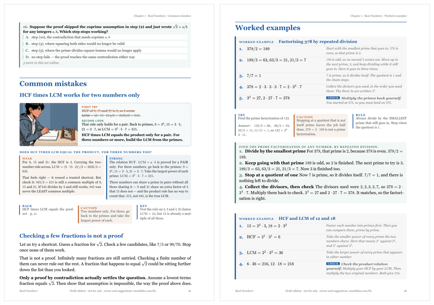 Two pages of Class 10 Mathematics chapter 1, each with a margin rail beside the text, one showing a wrong attempt and its fix and the other a worked example with the reason beside each line.