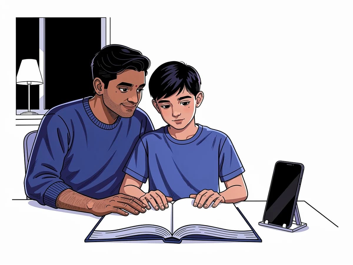 At home in the evening, a parent and a teenage child sit side by side at a table, both looking at the open textbook in front of them, a phone beside it.